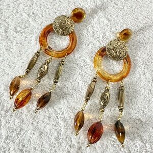 Vintage Long Boho Dangly Beaded Clip On Earrings